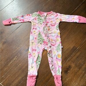 Festive Pink Kids Footie with Christmas Trees
